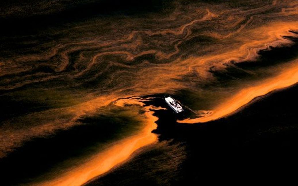 Катер пливе у калюжі нафти в декількох кілометрах на схід від островів Шадельє, Луїзіана, після витоку нафти у Мексиканській затоці. (Carolyn Cole/Los Angeles Times) / © Los Angeles Times