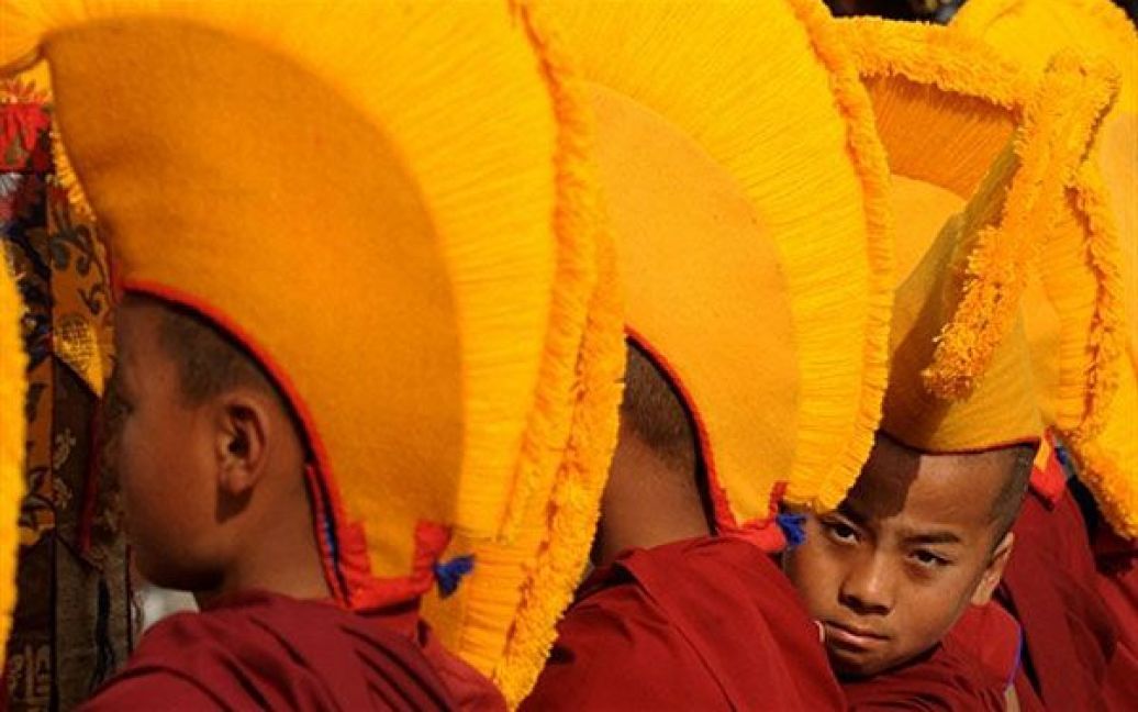 Індія, Калімпонзі. Індійські буддійські ченці чекають прибуття тибетського духовного лідера Далай-лами у монастирі Тарпа Чолінг у місті Калімпонзі. / © AFP