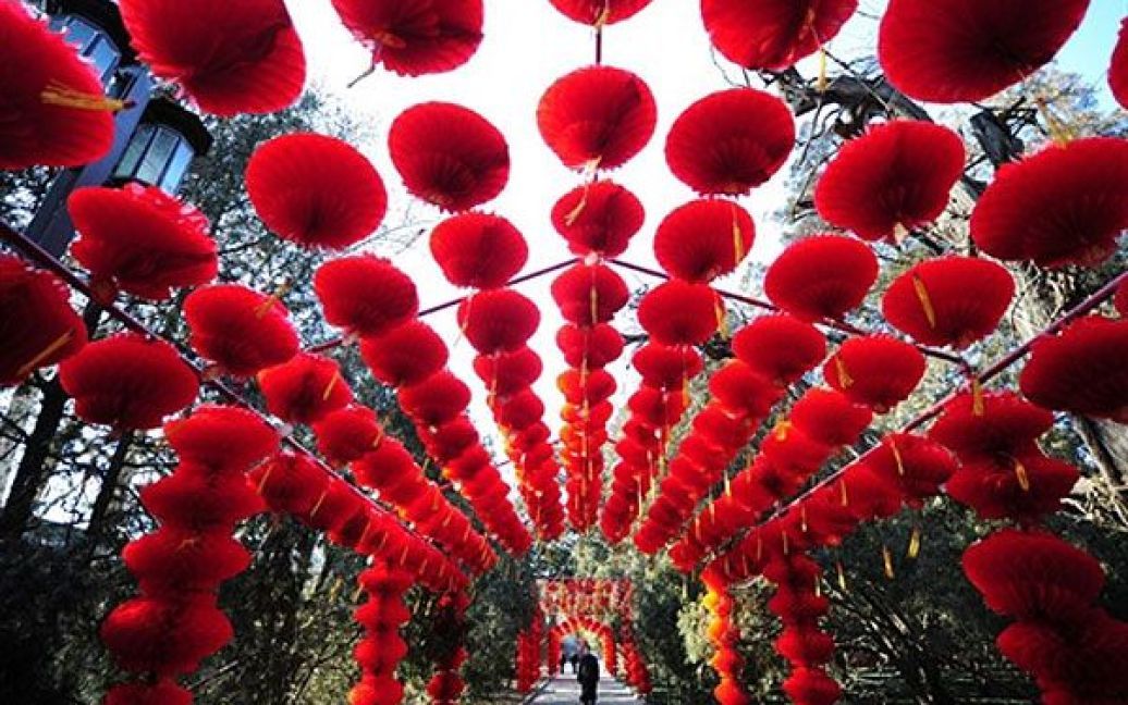 Китай, Пекін. Людина йде тунелем з червоних ліхтарів, якими прикрасили парк напередодні святкування майбутнього місячного Нового року в Пекіні. Рік Кролика за місячним календарем починається у Китаї 3 лютого. / © AFP