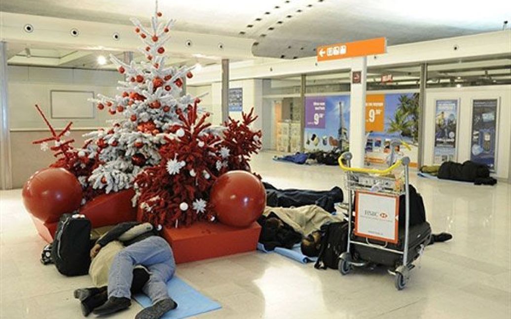 Франція, аеропорт Руассі-Шарль-де-Голль. Пасажири сплять під ялинкою в аеропорту Шарля де Голля у передмісті Парижа. У Парижі було скасувано половину авіарейсів через несприятливі погодні умови: мороз і снігопади. / © AFP