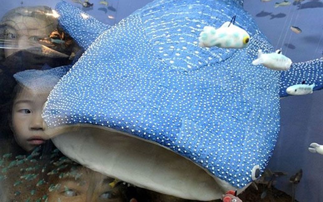 Японія, Осака. Учні початкової школи роздивляються "Цукерковий акваріум", в якому "плавають" близько 1000 риб, включаючи 2,7-метрову китову акулу. Всі риби цього акваріуму зроблені з солодощів працівниками кондитерського коледжу Осаки. / © AFP