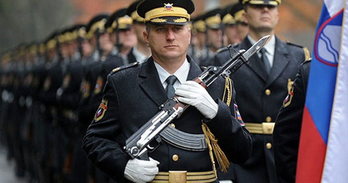 Словенія, Брдо. Словенська почесна варта готується до огляду перед початком зустрічі президента Словенії Даніли Тюрка з його румунським колегою Траяном Бесеску, яка відбулась у місті Брдо. Бесеску прибув з офіційним дводенним візитом до Словенії. / © AFP
