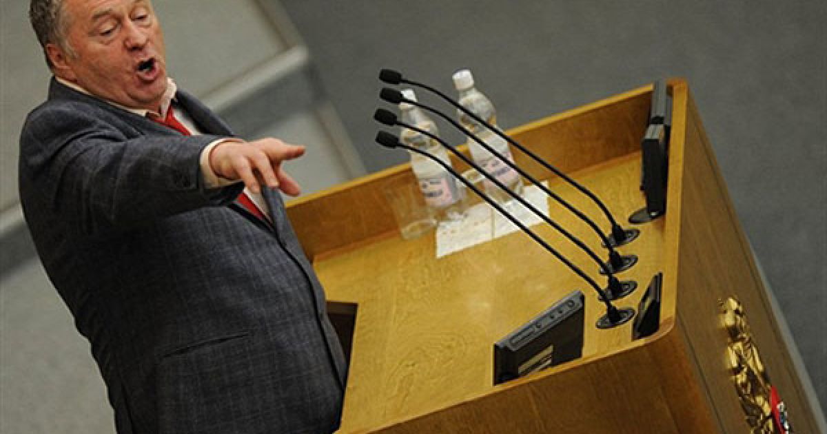 Росія, Москва. Лідер ЛДПР Володимир Жириновський виступає перед голосуванням у першому читанні нового Догорву про скорочення стратегічних наступальних озброєнь у Державній Думі. Нижня палата парламенту підтримала історичну угоду зі США щодо скорочення ядерної зброї. / © AFP