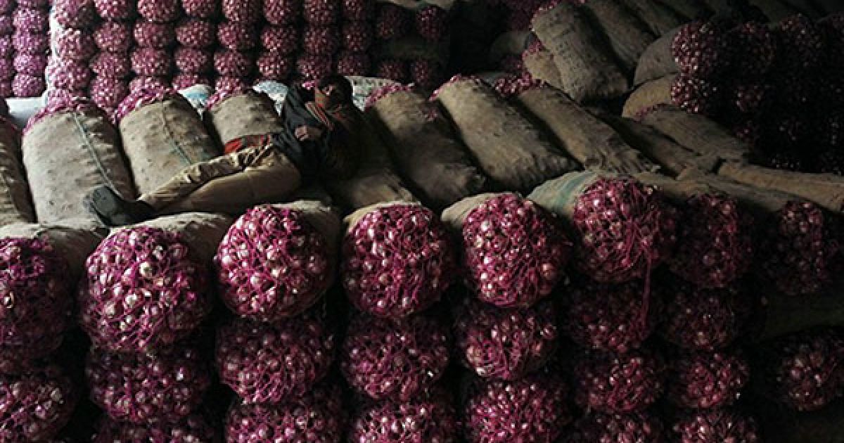 Пакистан, Лахор. Пакистанський продавець лежить на мішках з цибулею на ринку овочів у Лахорі. У Пакистані цього тижня заборонили експорт цибулі до сусідньої Індії у спробі контролювати зростання цін на продукти харчування. / © AFP