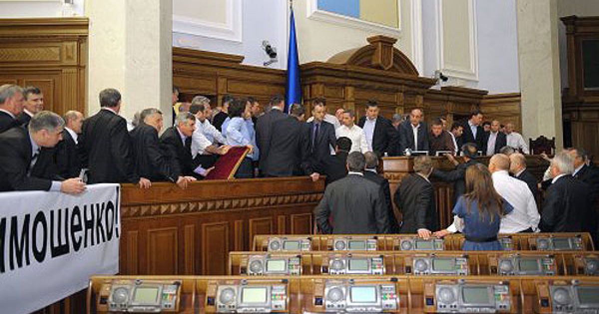 Опозиційні депутати розвісили в сесійній залі парламенту плакати з написами: "Руки геть від Тимошенко!", "Припиніть політичні репресії!". / © УНІАН