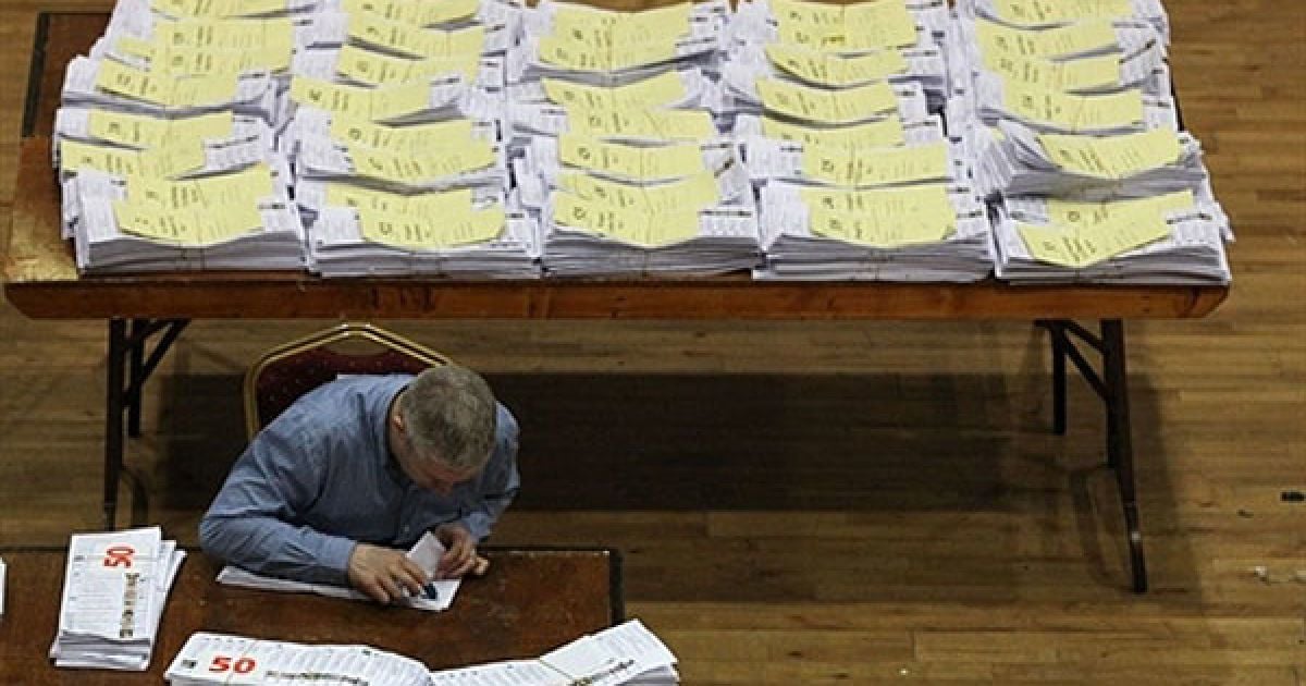 Ірландія, Кеслбар. Працівник виборчої дільниці підраховує бюлетені після відкриття урн. В Ірландії відбулись загальні вибори, на яких правляча партія Ірландії зазнала нищівної поразки. / © AFP