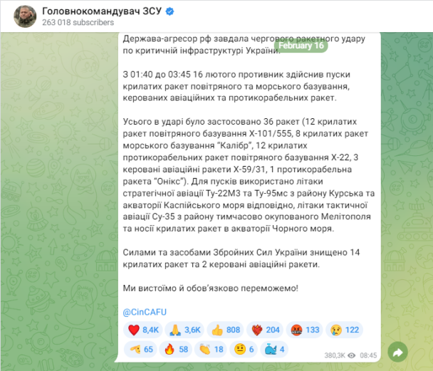 Спочатку про 36 націлених по Україні ракет 16 лютого цього року в своєму Telegram-каналі повідомляв Головнокомандувач ЗСУ Валерій Залужний.