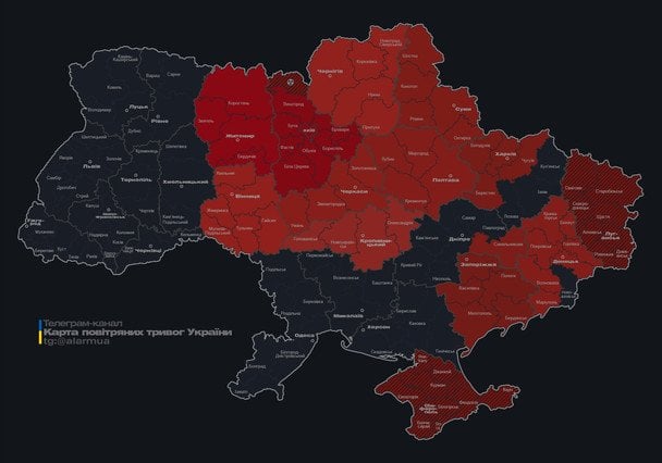 Мапа тривог станом на 07:30 вівторка, 13 січня. 