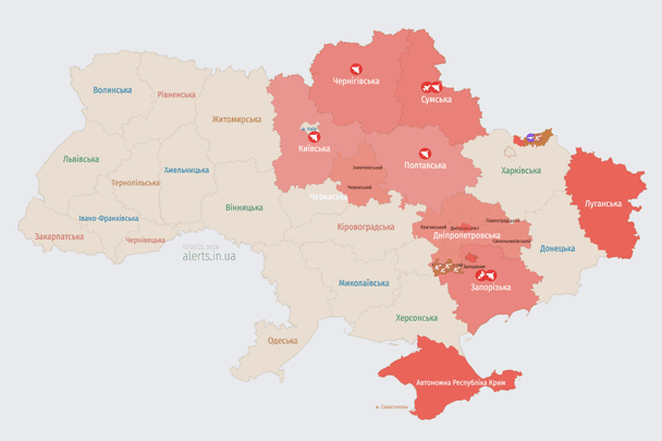 Враг атакует Украину ударными БПЛА: карта тревог