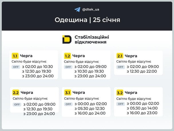 Графік відключення світла на Одещині 25 січня / © ДТЕК