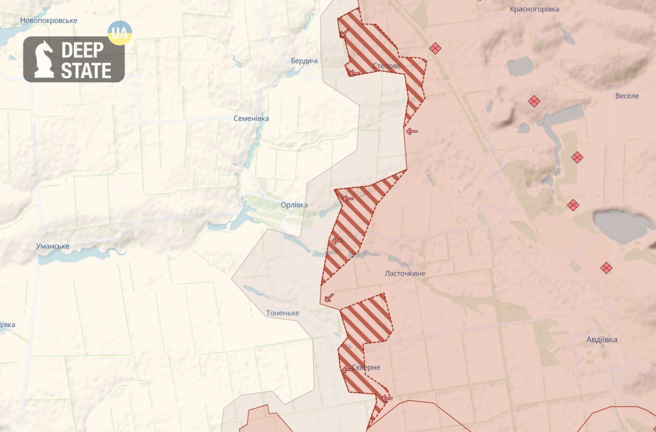 Мапа DeepState з просуванням окупантів на захід від Авдіївки / © Deepstatemap
