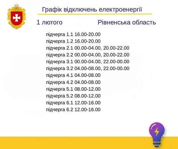 График отключения света на Ровенщине 1 февраля