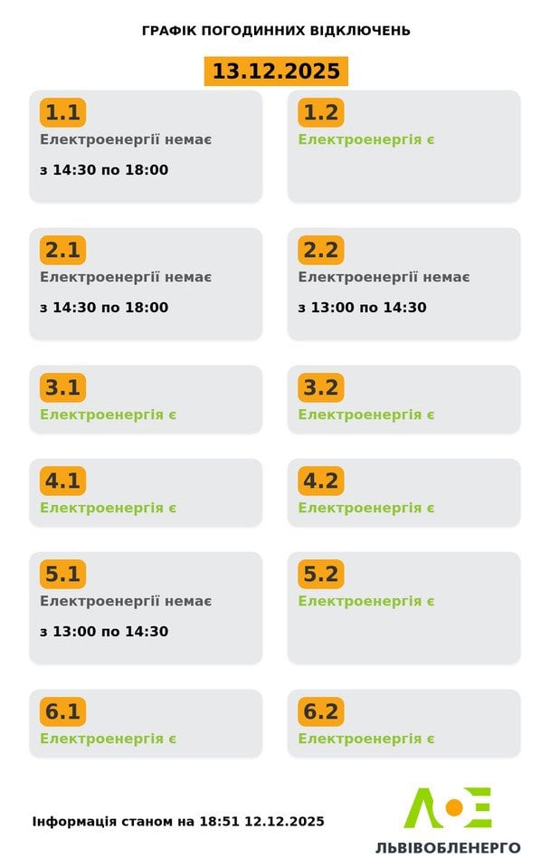 График отключения света на Львовщине 13 декабря