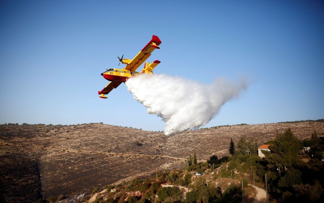 Іноземний пожежний літак гасить вогонь лісових пожеж навколо селища Натаф, недалеко від Єрусалима. / © Reuters
