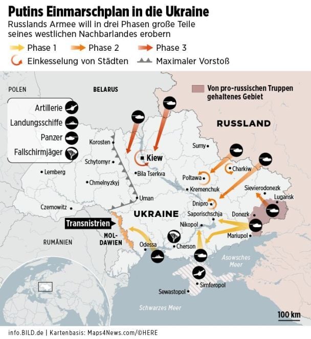 Мапа ймовірного вторгнення Росії до України від Bild. Грудень 2021 року / © bild.de