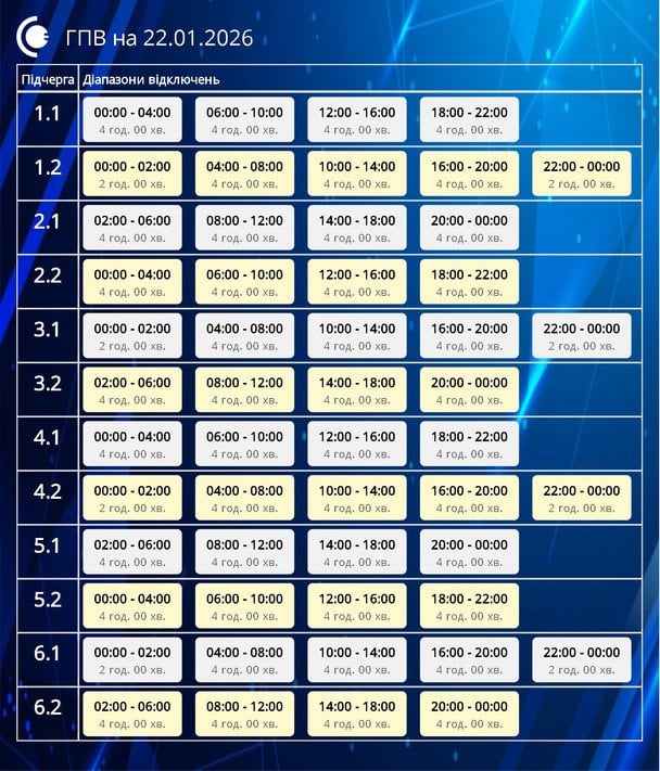 Графік відключення світла на Сумщині 22 січня