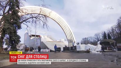 В Киев привезли 5 грузовиков снега, чтобы обустроить парк под Аркой дружбы народов