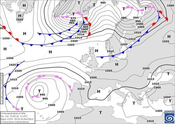 Мапа атмосферних фронтів 19 березня / © Наталія Діденко / Facebook