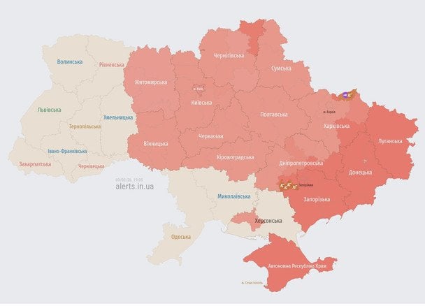 Карта повітряних тривог станом на 19:04 9 лютого