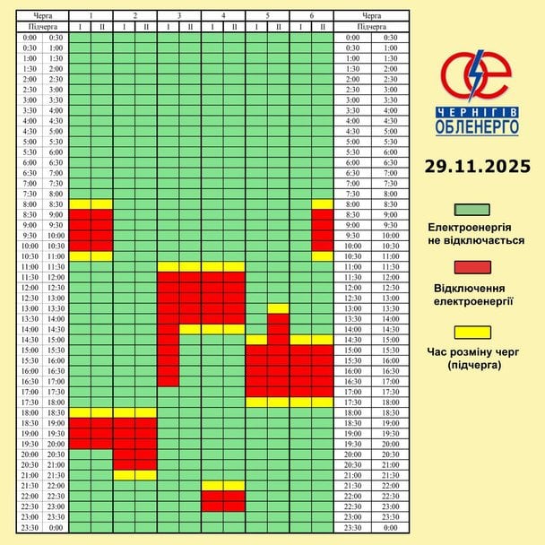 График отключения света в Черниговской области 29 ноября