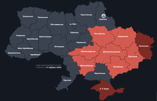 Карта повітряних тривог станом на 17 червня.