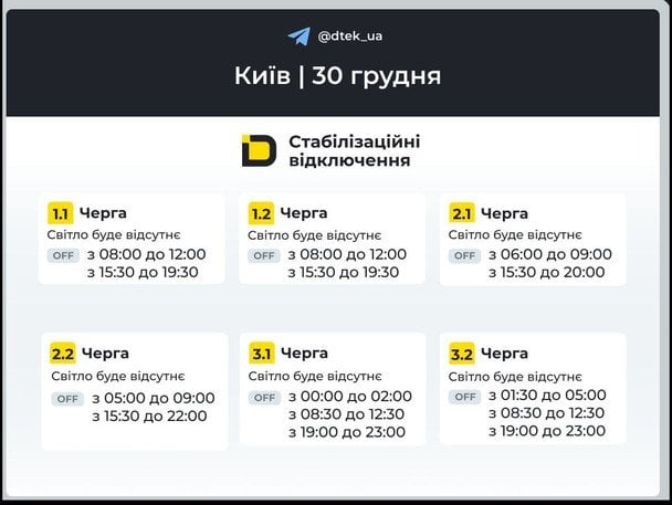 Графіки відключення світла у Києві / © ДТЕК