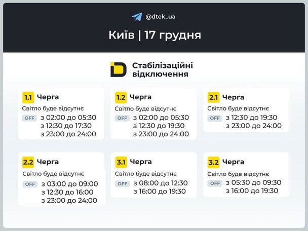 Графік відключення світла у столиці 17 грудня / © ДТЕК