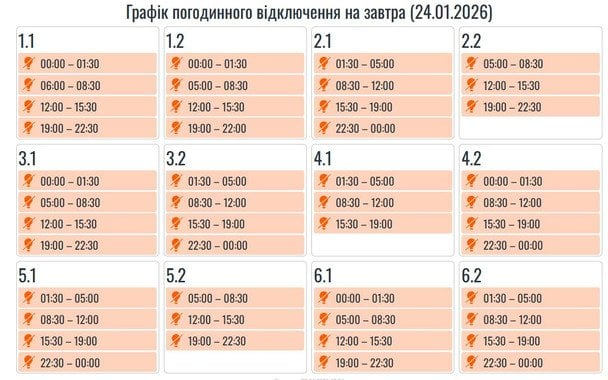 Графік відключення світла на Прикарпатті 24 січня