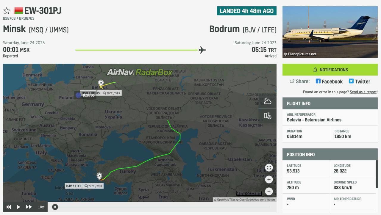 Маршрут літака родини Лукашенка, який таємно вилетів із Мінська. ФОТО: скрин / ©