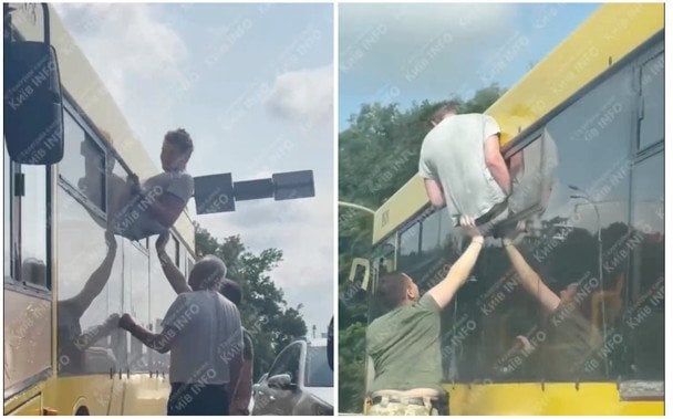 В Киеве мужчина застрял в окне автобуса, убегая от работников ТЦК (видео)