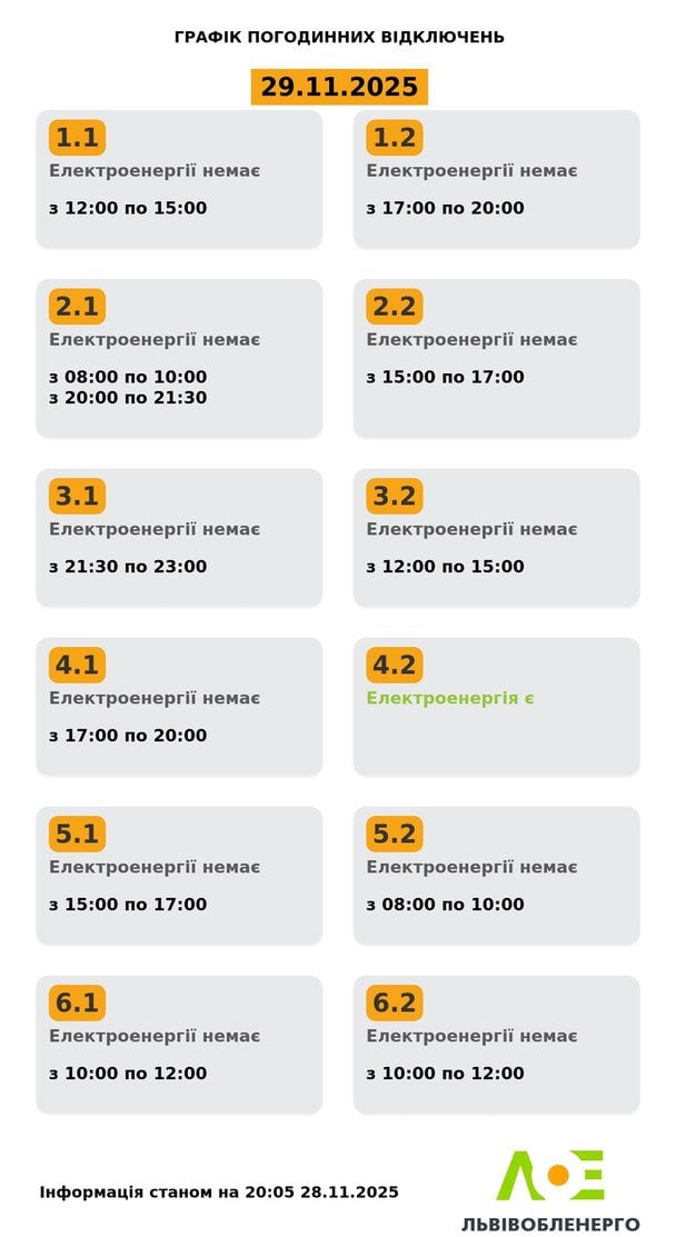 График отключения света на Львовщине 29 ноября