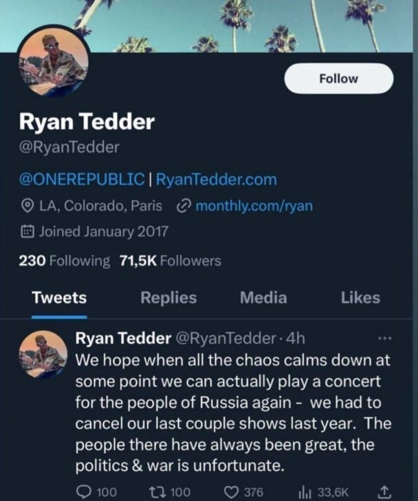 Допис у Twitter Раяна Теддера / © із соцмереж