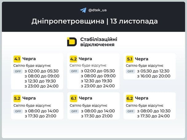 Графік відключення світла на Дніпропетровщині 13 листопада / © ДТЕК