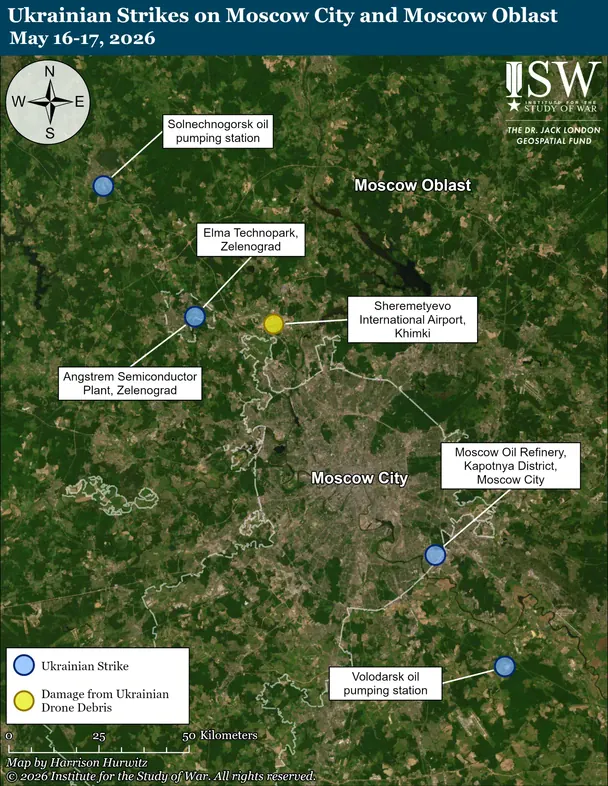 Удари ЗСУ по об’єктах в Москві та Московській області вночі 17 травня. Фото: ISW.