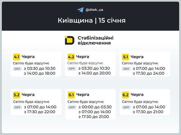 График отключения света в Киевской области 15 января / © ДТЕК