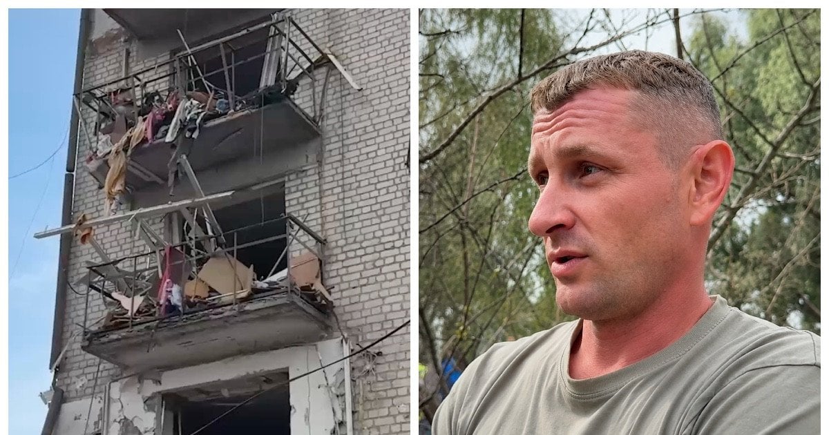 Пошкоджена п’ятиповерхівка після атаки на Бориспіль та її мешканець Олександр