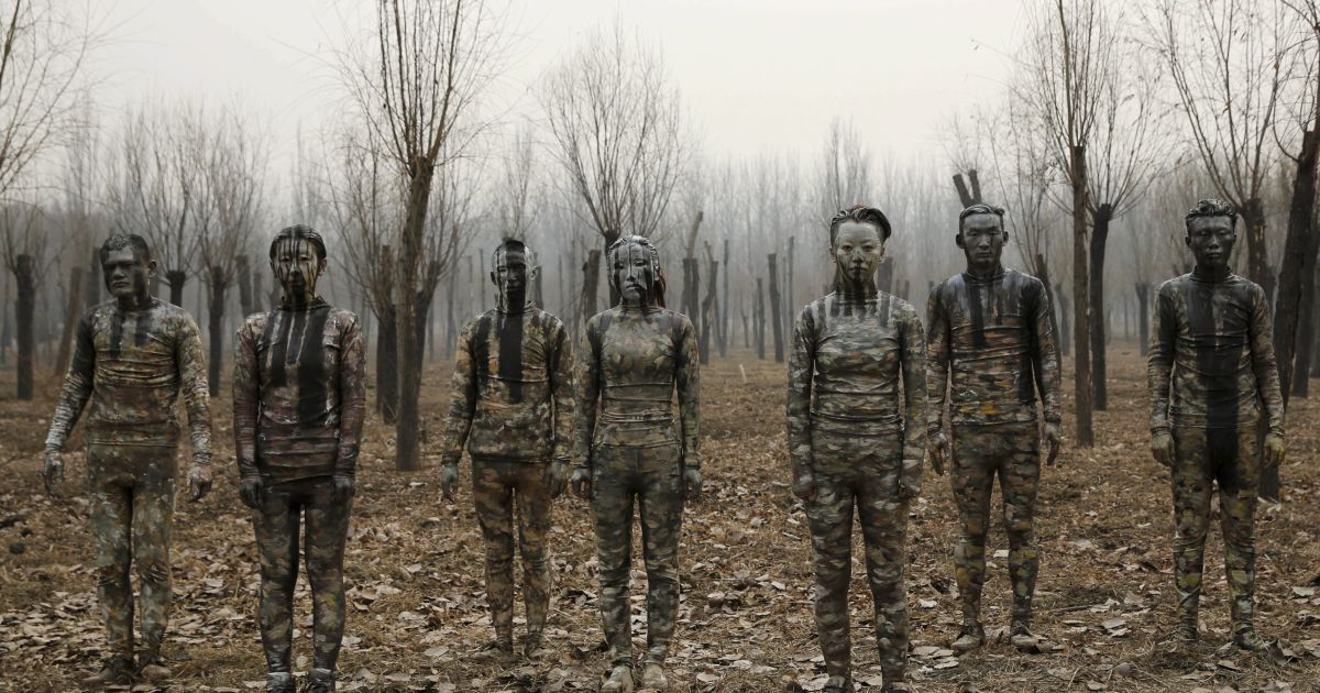 Моделі пофарбовані в камуфляжні кольори, щоб гармоніювати з природним фоном. Таким чином китайський художник Лю Болін відреагував на те, що столиця Китаю Пекін вдруге за останній час занурилася у важкий смог, і рівень забруднення повітря у місті сягнув найвищого, &ldquo;червоного&rdquo;, рівня. Лю хоче висловити свої побоювання з приводу долі Китаю і її народу, в тому числі через проблеми забруднення повітря.