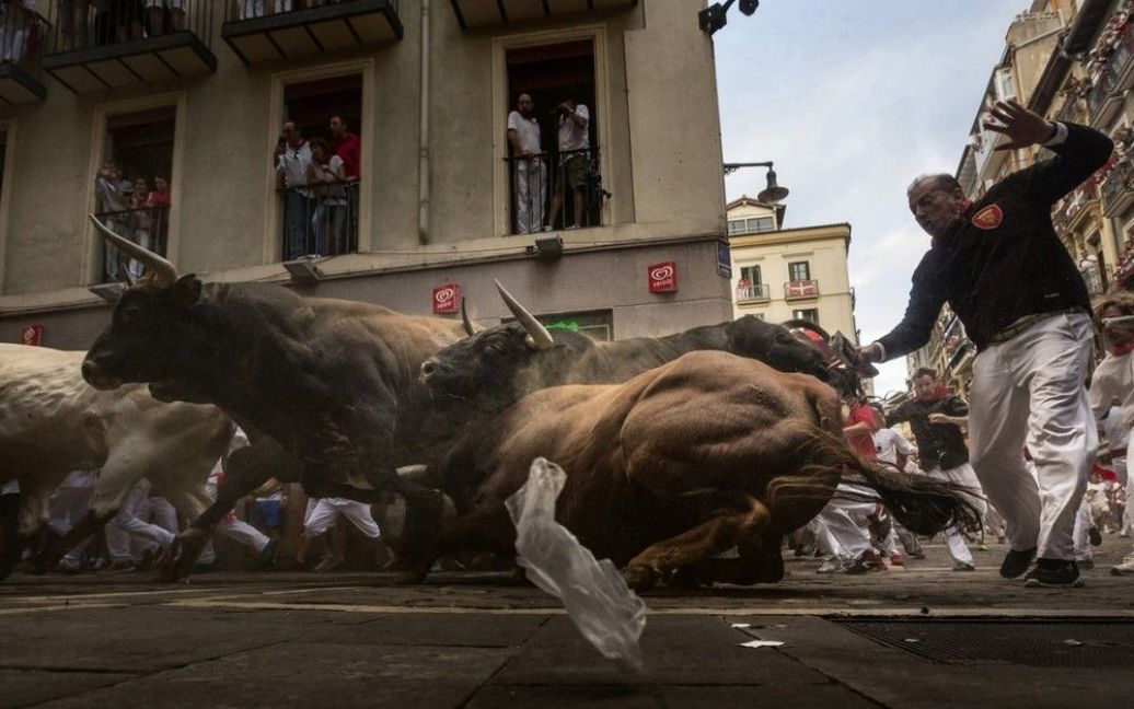 Переможець у номінації General News. Забіг биків на вулицях іспанського міста Памплона. Фото Даніеля Очоа де Ольса (Associated Press) / © 