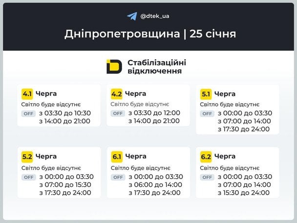 Графік відключення світла на Дніпропетровщині 25 січня / © ДТЕК