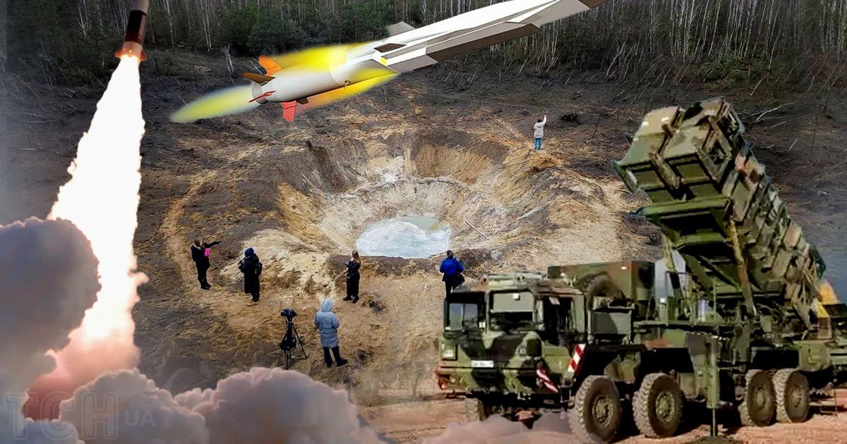 "Космическая" воронка после ракетного удара в Киевской области/коллаж ТСН.ua