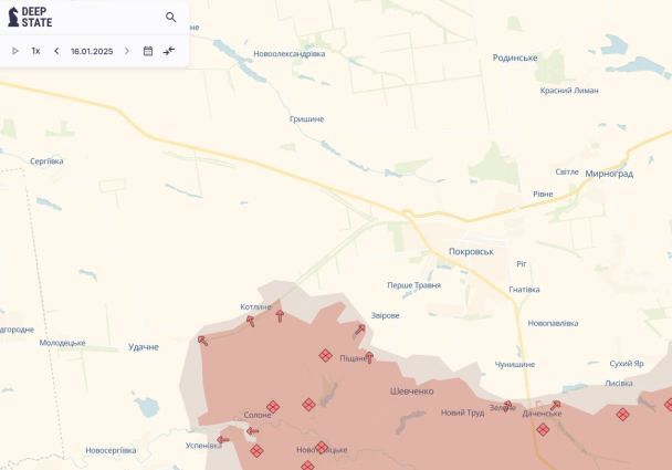 Карта DeepState боїв за Покровськ станом на 16 січня / © Deepstatemap