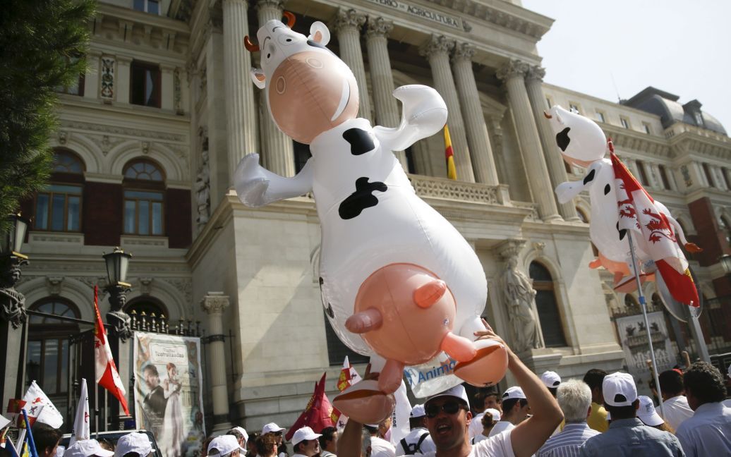 Акция протеста перед Министерством сельского хозяйства в Мадриде в Испании. Несколько сотен фермеров требуют повысить цены на мясо-молочную продукцию / © Reuters