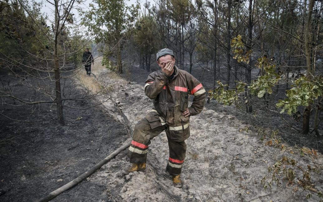 Пожарный после тушения огня под Киевом, где выгорело 32 гектара леса / © Reuters